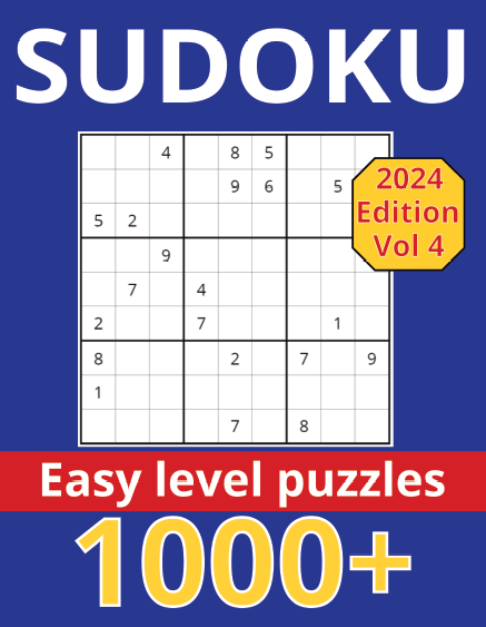 Cover of Easy Sudoku Puzzle Book Vol 4 (9x9 Grid) featuring 1000+ easy-level puzzles, large print for easy reading, and complete solutions. 2024 edition.