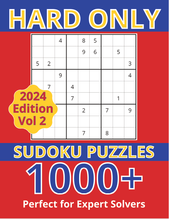 Cover of Hard Sudoku Puzzle Book Vol 2 (9x9 Grid) featuring 1000+ hard-level puzzles, large print for easy reading, and complete solutions. 2024 edition.