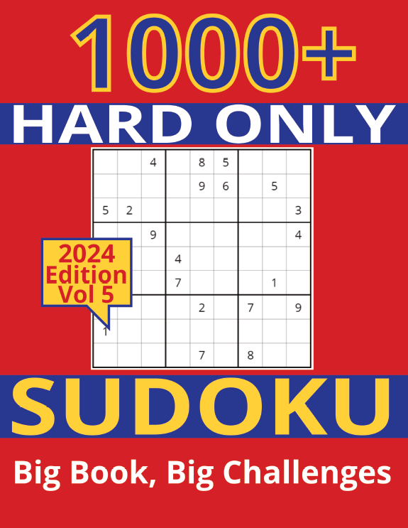 Cover of Hard Sudoku Puzzle Book Vol 5 (9x9 Grid) with 1000+ challenging puzzles, large print format, and solutions included. 2024 edition.