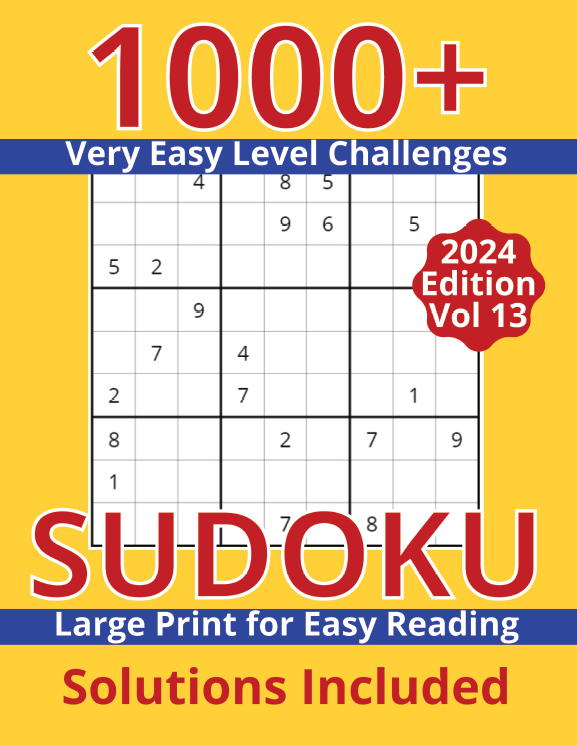 Cover of Easy Sudoku Puzzle Book Vol 13 (9x9 Very Easy) offering 1000+ very easy puzzles, large print for comfortable solving, and solutions included. 2024 edition.